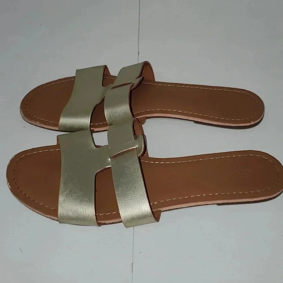 J. Crew Beachside Sandals Slides Gold Size 9 Metallic Womens Shoes Open Toe Flap - Picture 6 of 13
